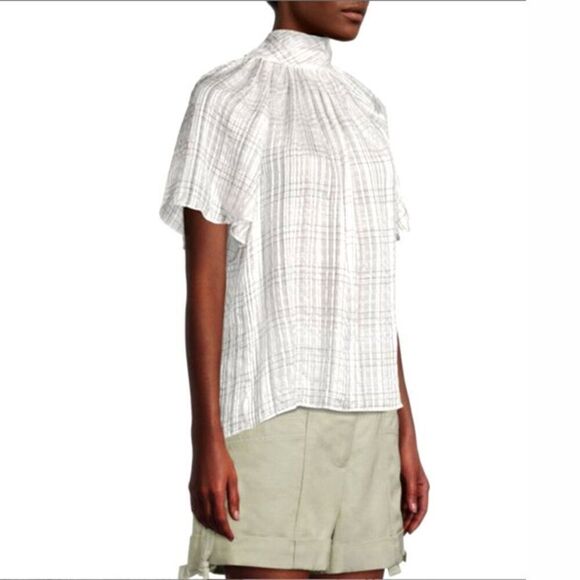 REBECCA TAYLOR - “Jules” Plaid Short-Sleeve Silk Blouse - Size 6, White, Black - Picture 3 of 17